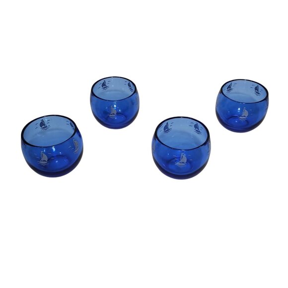 4 Vintage HAZEL ATLAS Cobalt Blue Cocktail Roly Poly Glasses Sailboat Ships 6 oz - Picture 3 of 5